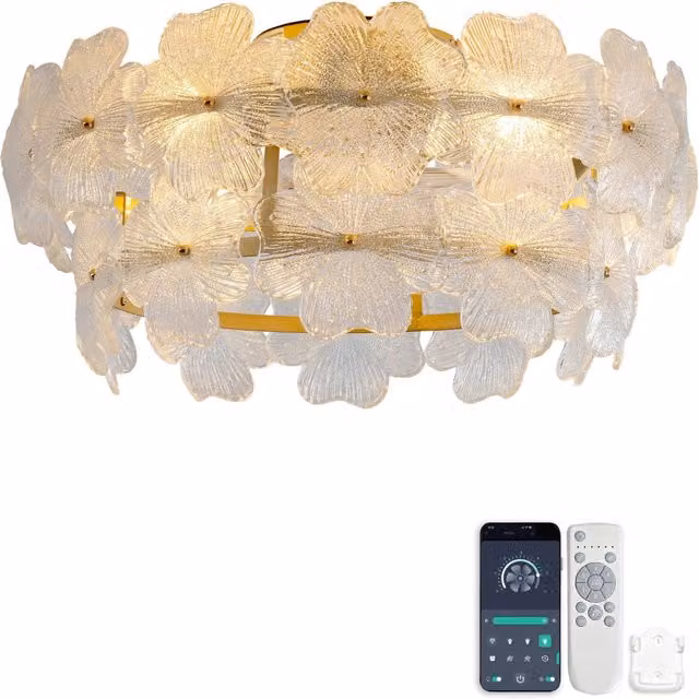 Ventilatore da soffitto da 19 pollici con copertura in vetro cristallo trasparente e finitura oro/ottone, pale in ABS, motore DC silenzioso, 6 velocità, funzione avanti/indietro e controllo tramite app e telecomando