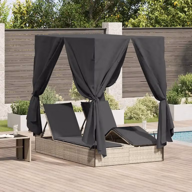 vidaXL Lettino da sole doppio in polyrattan grigio chiaro con parasole e poggiatesta regolabile L/P/H: 205 x 129 x 200 cm
