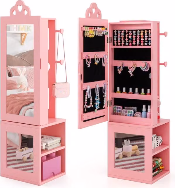 Armadio portagioie 3 in 1 DESIGN IN per bambine con specchio a figura intera e appendiabiti, colore rosa