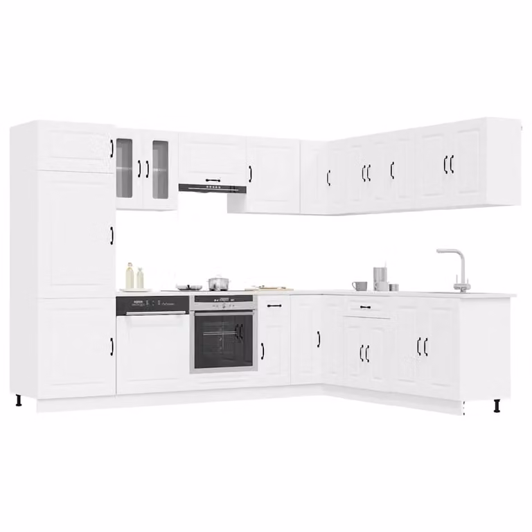 Set di mobili da cucina moderno vidaXL Kalmar composto da 14 pezzi in legno e vetro, colore bianco opaco