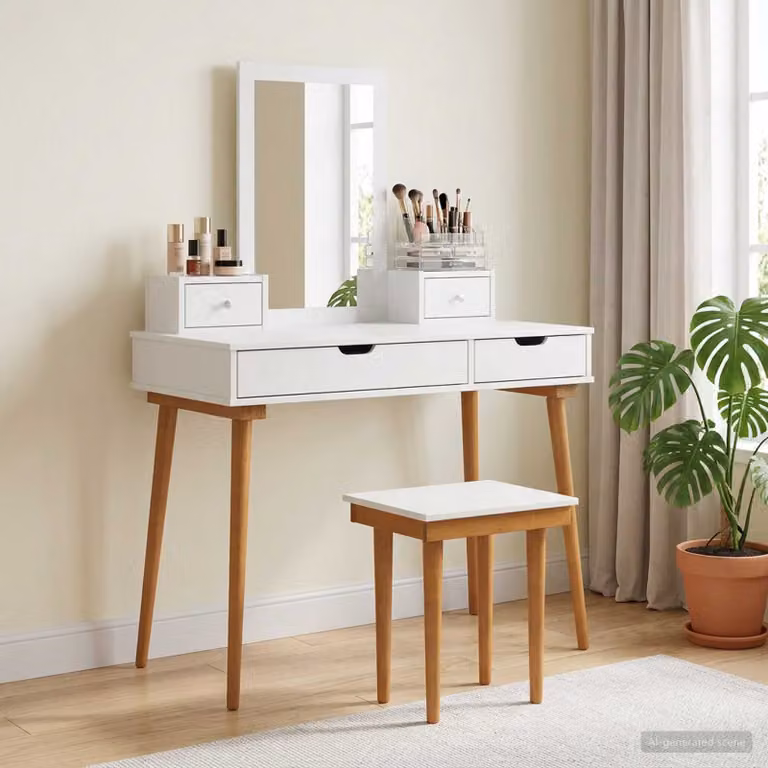 Set Tavolo da Trucco vidaXL FAUSKE 5 pz Bianco L/P/H: 100 x 50 x 143 cm