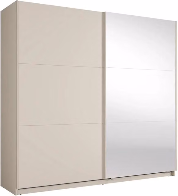 Armadio Venezia Meublorama con ante scorrevoli, illuminazione LED integrata e specchi, finitura opaca bianco e beige, L: 221 cm, H: 207 cm, P: 60 cm
