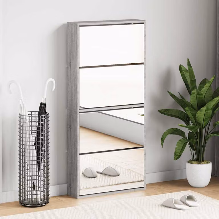 Scarpiera moderna vidaXL con specchio e ante a ribalta, colore grigio, L: 63 cm, P: 17 cm, H: 134 cm