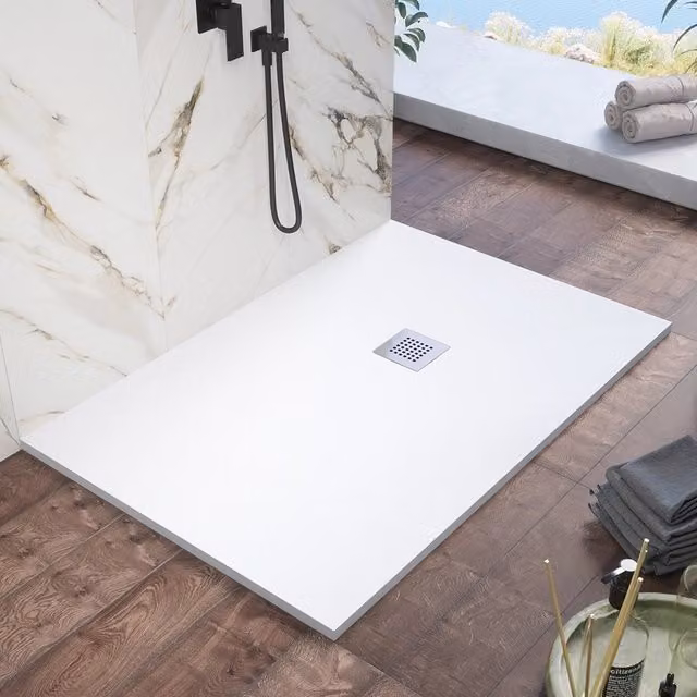 Piatto doccia rettangolare Kos in marmoresina bianco effetto pietra antiscivolo L: 90 cm, P: 70 cm