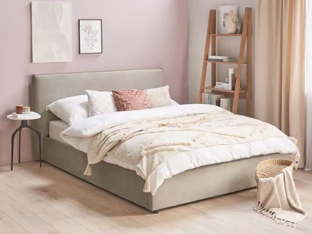 Letto Beliani con rivestimento in velluto grigio talpa e contenitore, testata classica e doghe in legno di pino, L/P/H: 160 x 200 x 126 cm