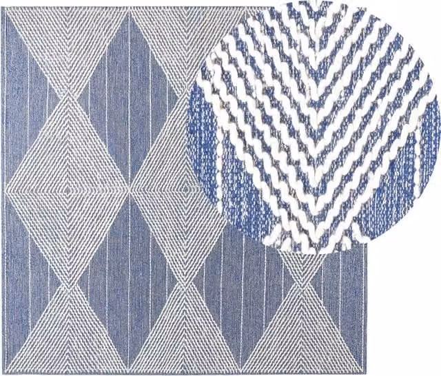 Tappeto Beliani intrecciato a mano in lana e poliestere con motivo geometrico boho, beige e blu, 200 x 200 cm