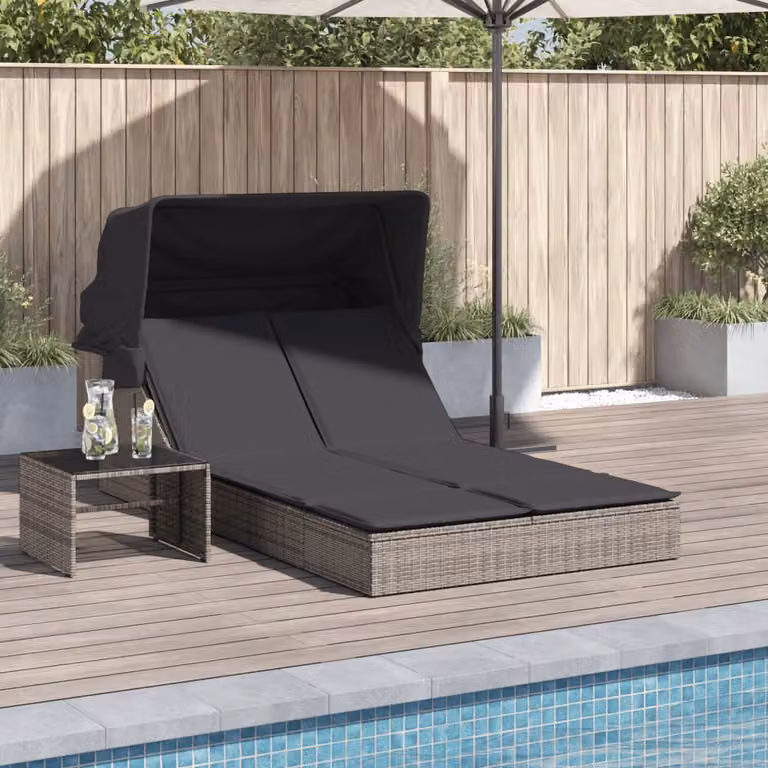 vidaXL Lettino Doppio con Baldacchino e Cuscini in Polyrattan Grigio per Giardino