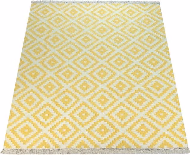 Tappeto Kenolia in lana e cotone giallo e bianco con frange, stile marocchino e scandinavo, L: 160 cm, P: 230 cm