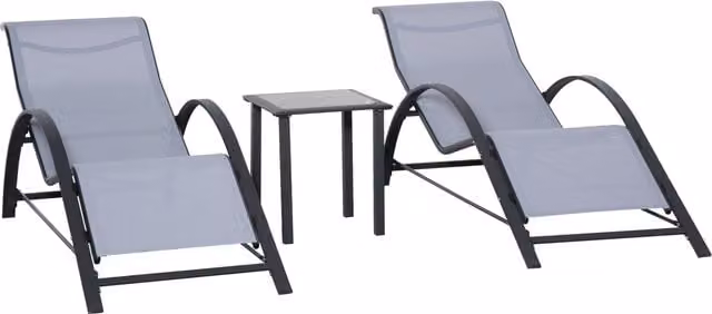 Set di 2 lettini prendisole e tavolino con piano in vetro Outsunny, Grigio Chiaro, L/P/H: 59 x 169 x 66 cm
