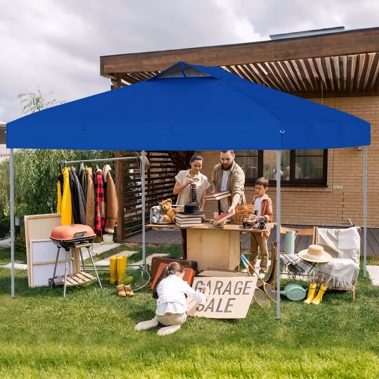 Gazebo pieghevole pop-up Costway per patio all'aperto con blocco centrale, Blu, L/P: 295 x 295 cm, H: 275 cm