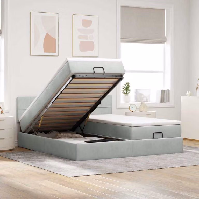 vidaXL Struttura Letto con Pouf e Materasso in Velluto con Base a Sollevamento e Porte USB, L/P/H: 200 x 160 x 88 cm, Grigio e Bianco