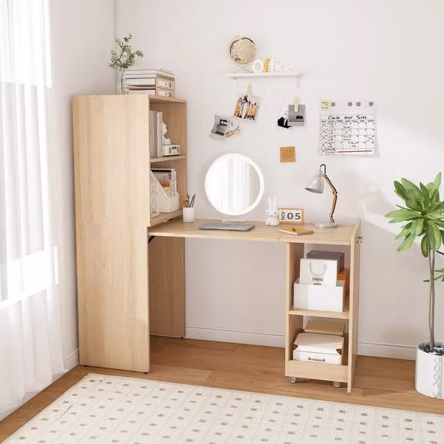 Scrivania salvaspazio Minimal con cassetti e ripiani regolabili in Rovere chiaro L: 90 cm, P: 50 cm, H: 75 cm