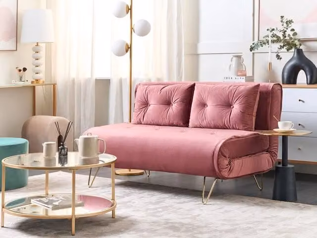 Divano Letto Click Clack Beliani in Velluto Rosa con Cuscini e Struttura in Metallo