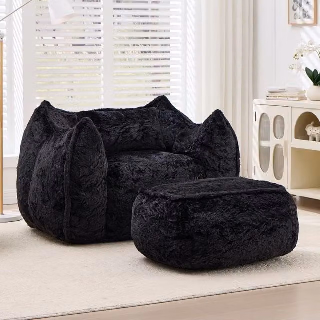 Pouf poltrona OKWISH in pelliccia sintetica con poggiapiedi, schienale ergonomico e imbottitura in schiuma, nero
