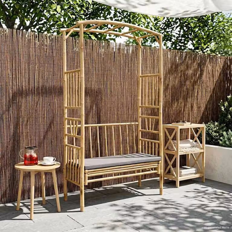 Arco da giardino con panchina vidaXL in bambù con cuscini, Grigio e Marrone, L: 115 cm, P: 50 cm, H: 205 cm