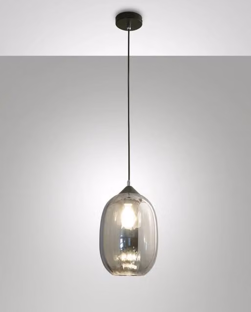 Lampada a Sospensione Infinity Fabas in Vetro Grigio e Metallo Nero con Tecnologia LED per Soggiorno, Sala da Pranzo o Cucina