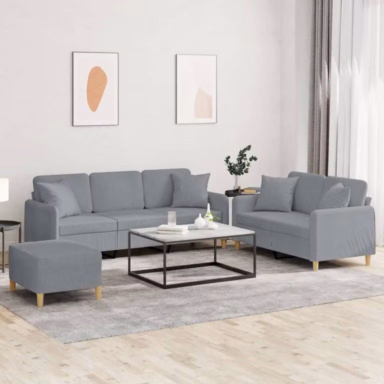 Set di divani vidaXL 3 pezzi con pouf e cuscini in tessuto grigio per soggiorno