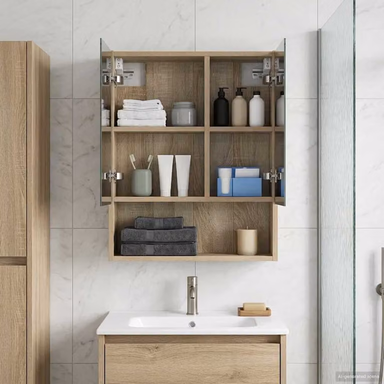 Mobiletto da bagno sospeso vidaXL in Rovere Sonoma con ante a vetro, L: 50 cm, P: 14,5 cm, H: 70 cm