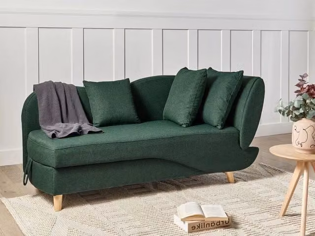 Divano angolare a L con chaise longue a destra BELIANI in tessuto verde con contenitore e funzione letto per il tuo soggiorno moderno