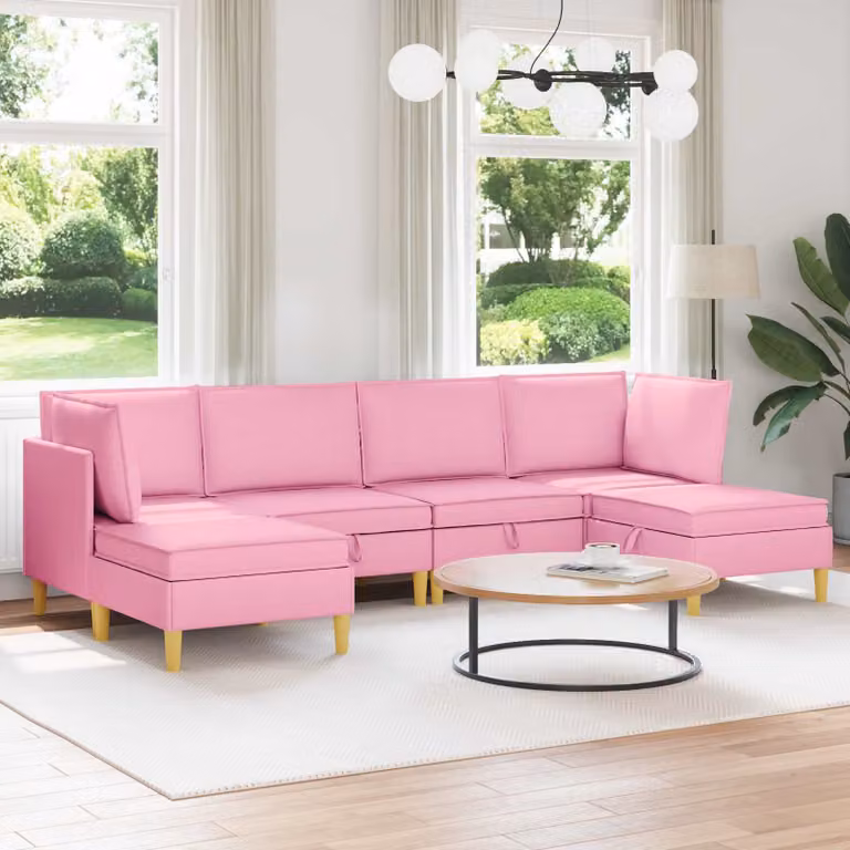Set di divani modulari vidaXL in tessuto rosa da 6 pezzi con design moderno a L e cuscini inclusi
