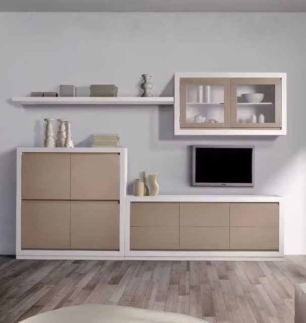 Parete attrezzata moderna Mobili 2G in frassino color canapa con poro aperto, Larghezza: 296 cm, Profondità: 37 cm