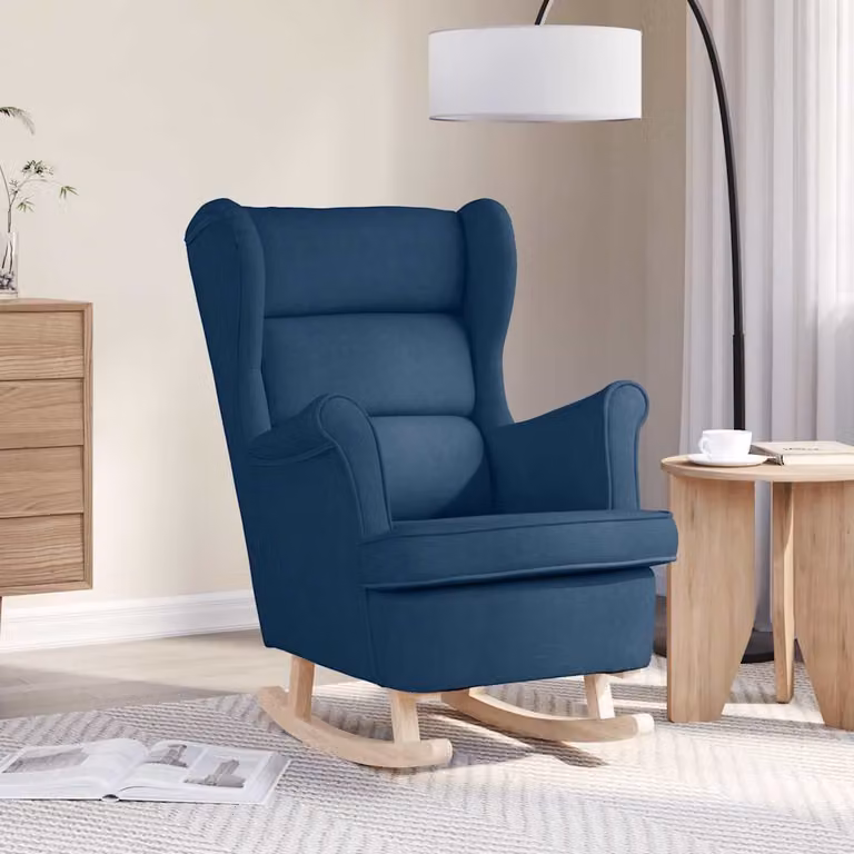 Sedia a dondolo vidaXL in tessuto blu con struttura in legno e plastica, L: 74 cm, P: 90 cm, H: 102 cm