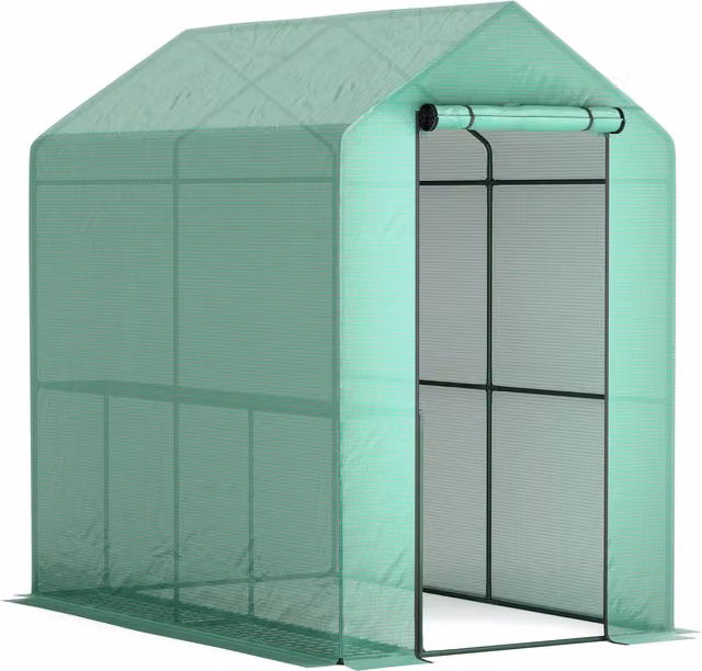 Outsunny Serra da giardino in PE con 2 ripiani, telaio in acciaio e telo rinforzato, verde, L 120 x P 186 x H 190 cm