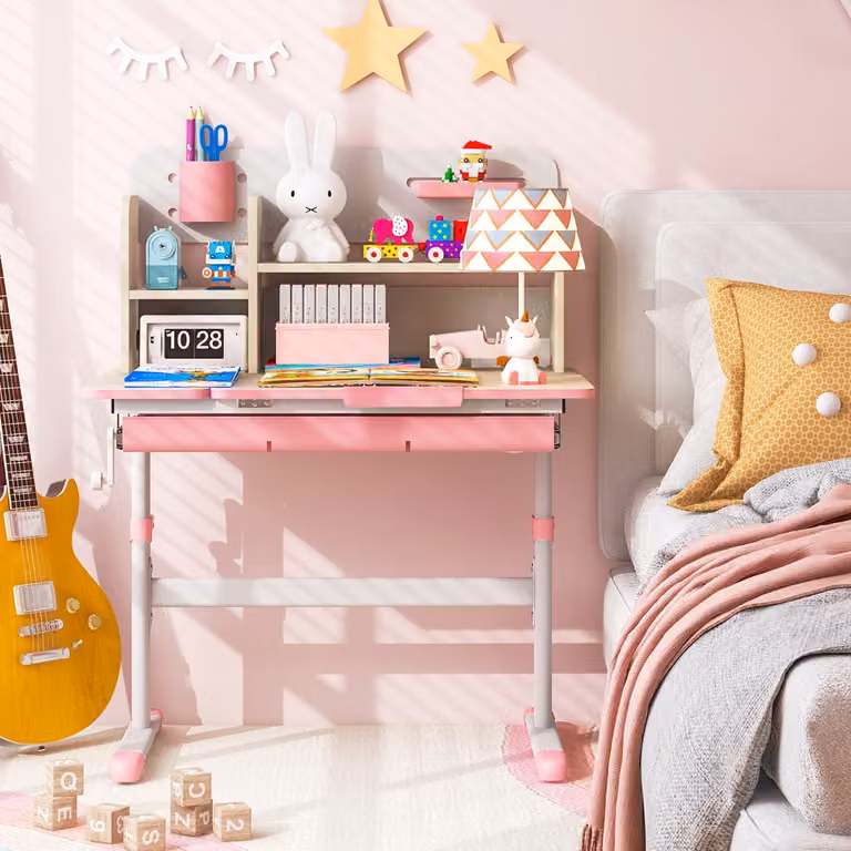 Scrivania per studio bambini Costway con piano inclinabile e altezza regolabile, Rosa