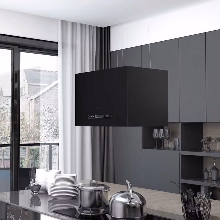 Cappa da cucina ad isola sospesa vidaXL in acciaio inossidabile nero con display LED e timer, sistema a ricircolo con carboni attivi, 55 cm