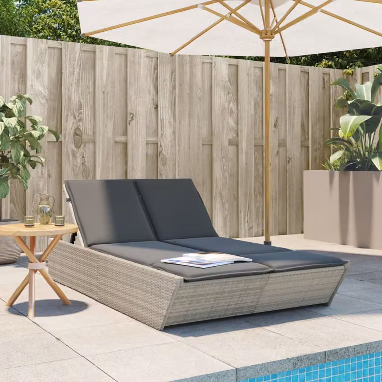 vidaXL Lettino Prendisole Doppio in Polyrattan Grigio con Cuscini e Poggiatesta Regolabile