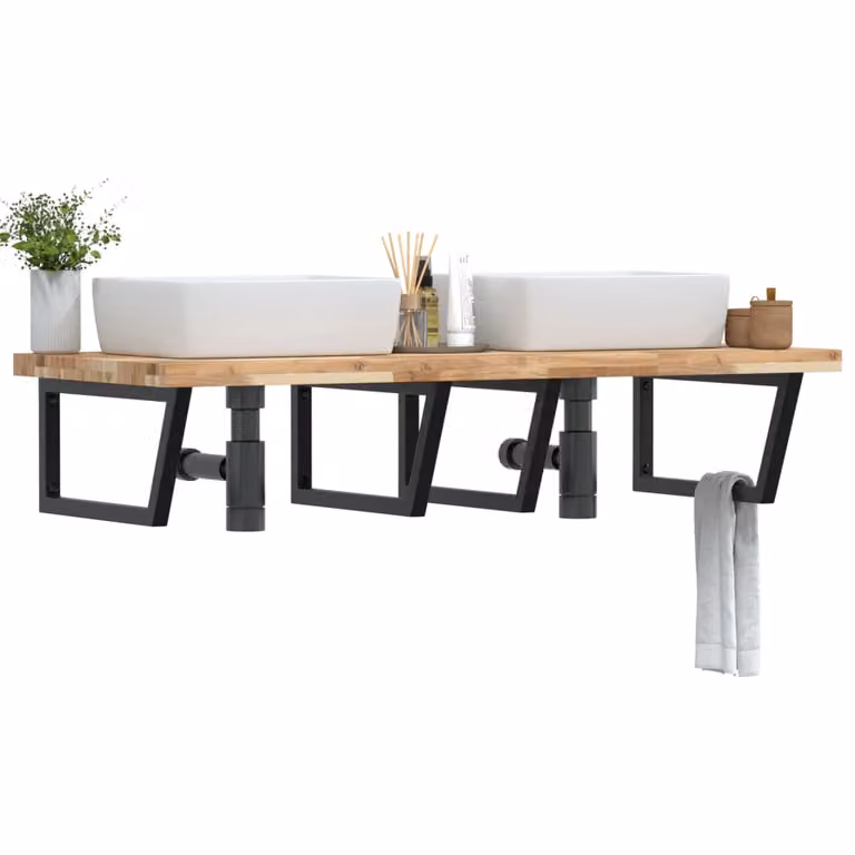 vidaXL Ripiano a Parete per Lavabo in Acciaio e Legno di Acacia, Nero e Marrone, L: 60 cm