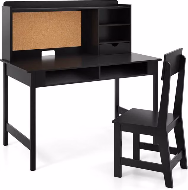 Set scrivania e sedia in legno per bambini con bacheca in sughero e cassetto, postazione computer con pensile e ripiani aperti per cameretta, Nero