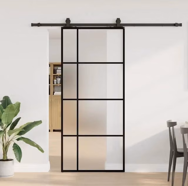 Porta Scorrevole Moderna VIDAXL in Vetro Trasparente con Telaio in Alluminio Nero L: 90 cm, H: 205 cm