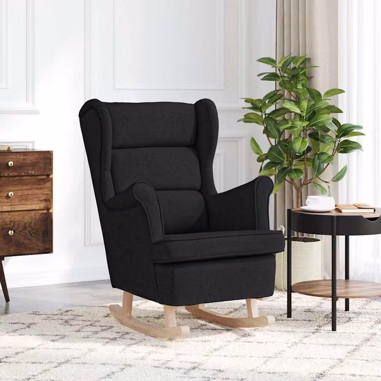 Sedia a dondolo vidaXL in tessuto nero con struttura in legno e plastica, L: 74 cm, P: 90 cm, H: 102 cm