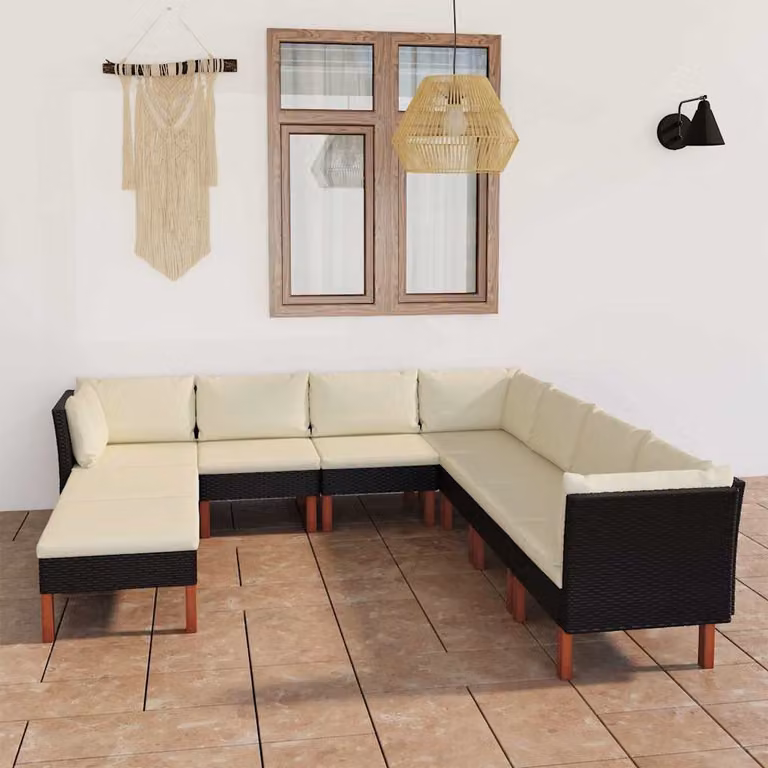 vidaXL Set Divani da Giardino 9 pz con Cuscini in Polyrattan e Struttura in Acciaio Nero e Bianco