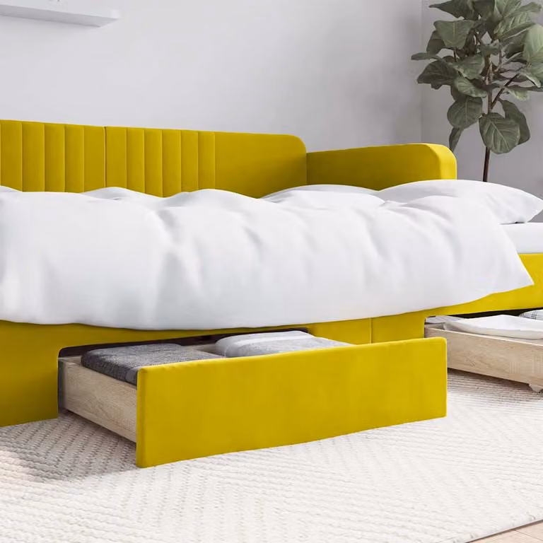 Set di 2 cassetti da letto vidaXL in legno multistrato e velluto giallo con ruote, L: 67 cm, P: 50 cm, H: 16 cm