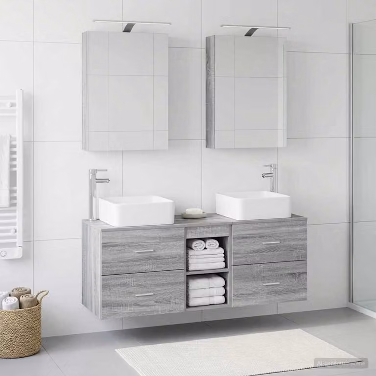 Set di mobili per il bagno moderno vidaXL in 5 pezzi colore grigio con armadietto a specchio e mobile lavabo con illuminazione LED
