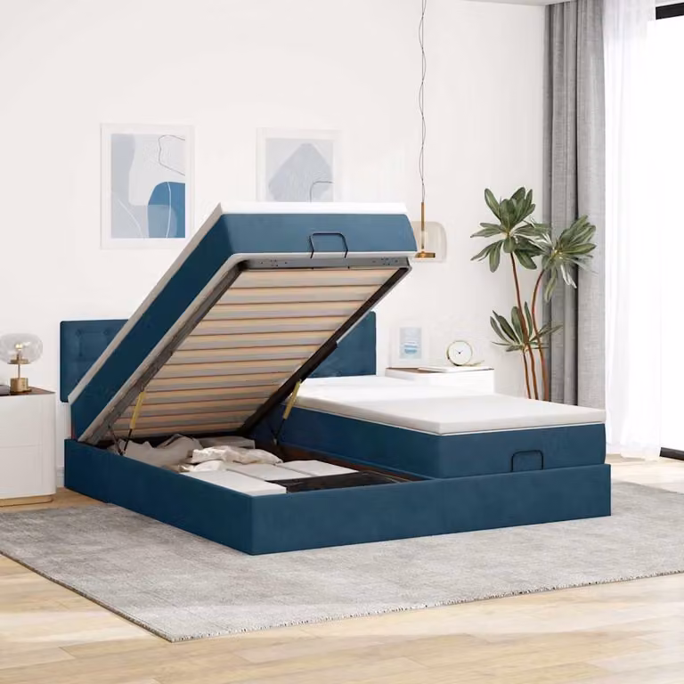 vidaXL Pouf Letto Moderno in Velluto Blu con LED e Porte USB, L/P/H: 203 x 200 x 88 cm