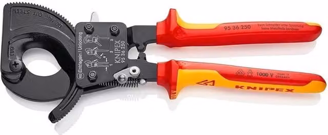 Cesoia a cremagliera per cavi Knipex in rame e alluminio fino a 240 mm² e Ø 32 mm con manici isolati VDE nero e rosso