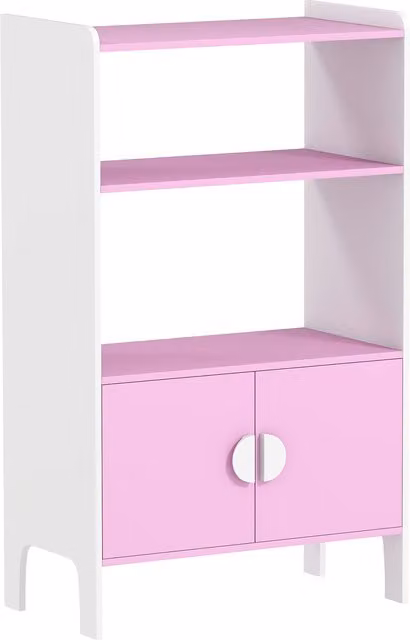 Libreria per bambini AIYAPLAY con 2 ripiani e 2 armadietti, design autoportante anti-ribaltamento in MDF, Rosa e Bianco