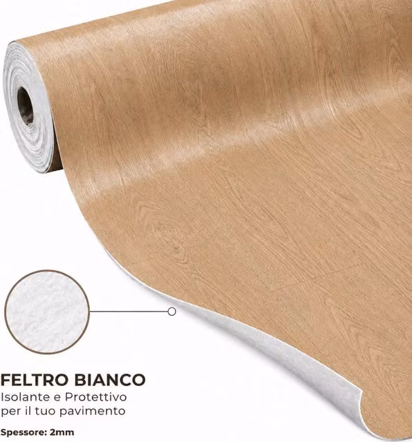 Pavimento Vinilico a Rotolo SOLEILUX Effetto Legno Frassino Dorato e Beige con Feltro Fonoassorbente, Spessore: 2 mm, Dimensioni: 1 x 15 m