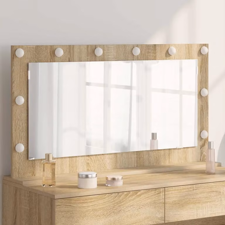 Specchio da vanità moderno vidaXL con luce LED e porta USB, rettangolare, colore marrone, L: 100 cm, P: 55 cm, H: 18 cm