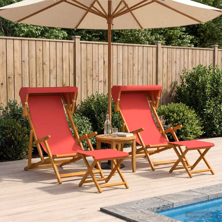 Set di 4 lettini prendisole vidaXL in legno di eucalipto massello rosso con schienale regolabile in 3 posizioni e tessuto resistente ai raggi UV