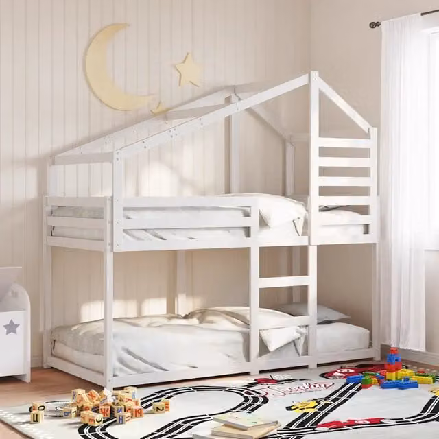 vidaXL Letto a Castello per Bambini in Legno Massello di Pino con Tetto Bianco L 80 x P 200 cm