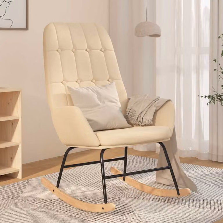 Sedia a dondolo vidaXL moderna in tessuto beige con braccioli e struttura in legno e metallo