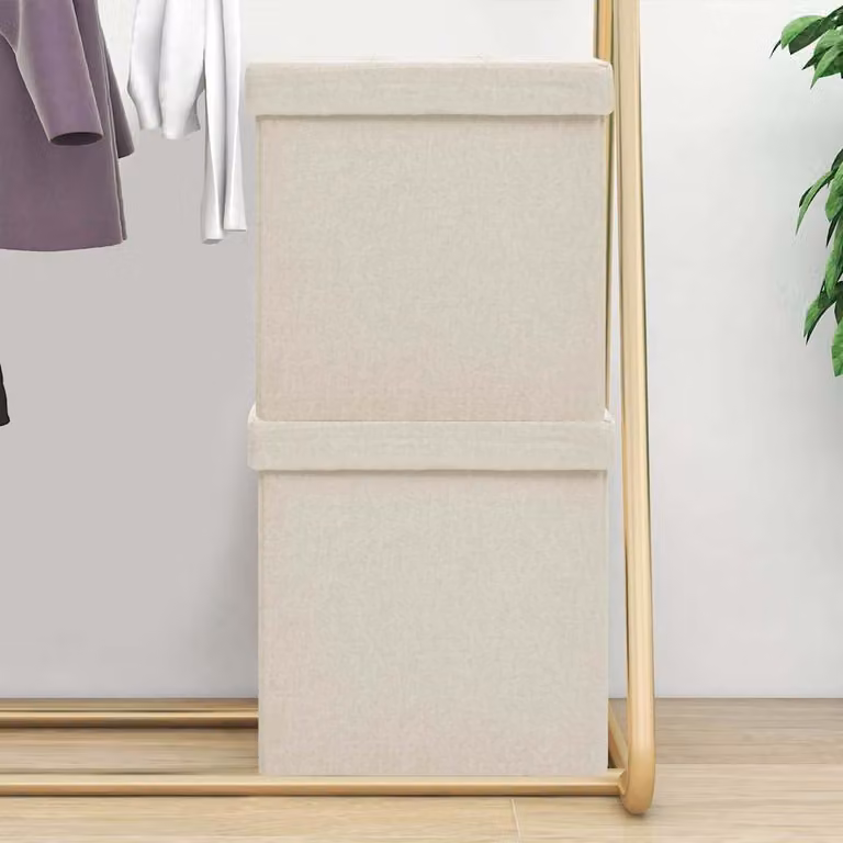 Set di 2 Pouf con Contenitore Pieghevoli vidaXL in Simil Lino Bianco Crema L/P/H: 38 x 38 x 38 cm