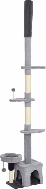 Albero per gatti PawHut regolabile da pavimento a soffitto, torre a più livelli con rivestimento in peluche, grigio, Altezza: 225-255 cm