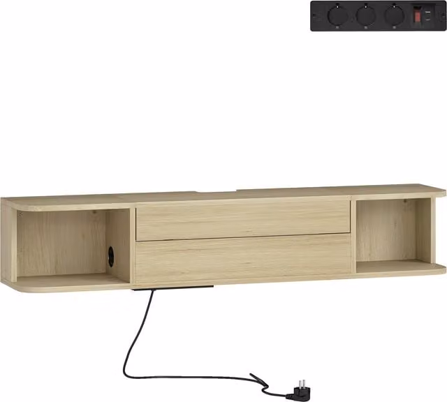 Mobile TV sospeso HOMCOM in legno con cassetto, mensole e passacavi, L 120 x P 24 x H 22,4 cm, marrone e beige