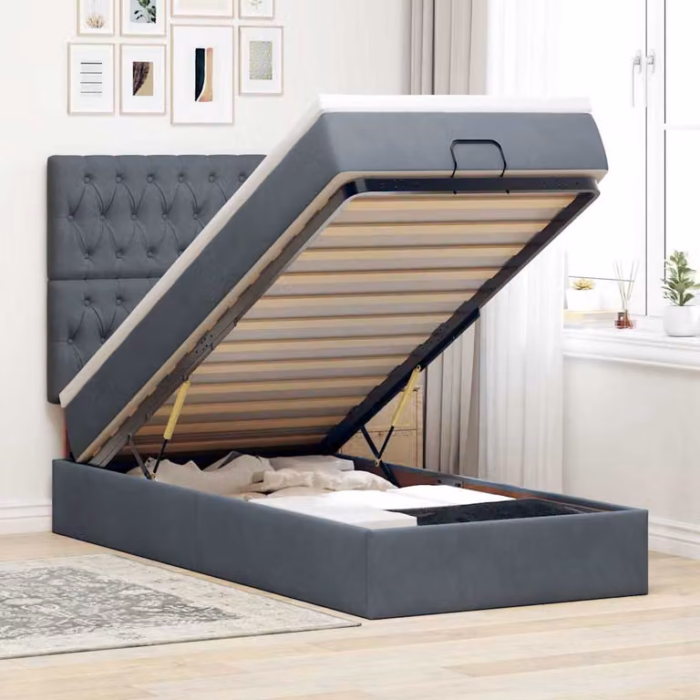 vidaXL Letto con Pouf e Materasso in Velluto con Base a Sollevamento, Illuminazione Sotto il Letto e Porte USB, Grigio e Bianco, L 190 x P 90 x H 128 cm