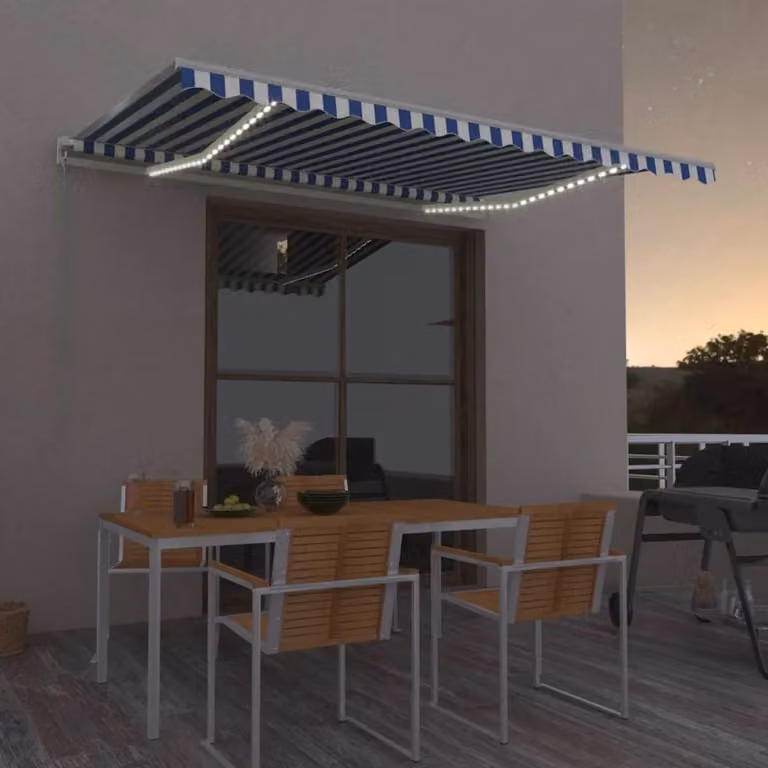vidaXL Tenda Automatica con Sensore Vento, LED e Telecomando, L: 400 cm, P: 350 cm, Blu e Bianca